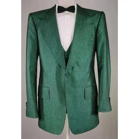 Edward Sexton Savile Row Custom Made for Adam Lambert Green Glitter 3Pc Suit 42L - Picture 4 of 14